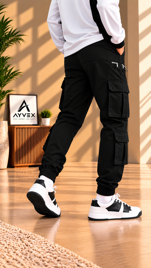 Ayvex Black 6 Pocket Multi Cargo Trouser