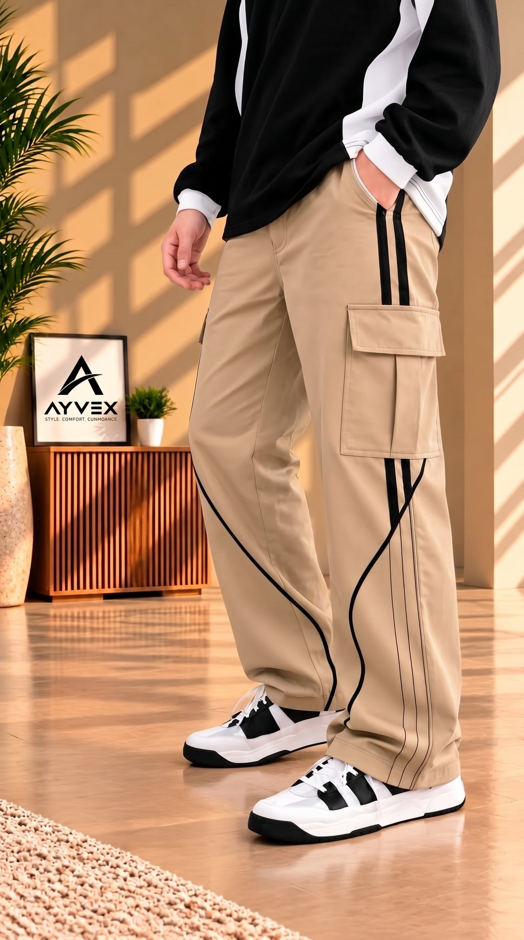 Ayvex Premium Beige Stylish 3 Stripes Cargo Trouser