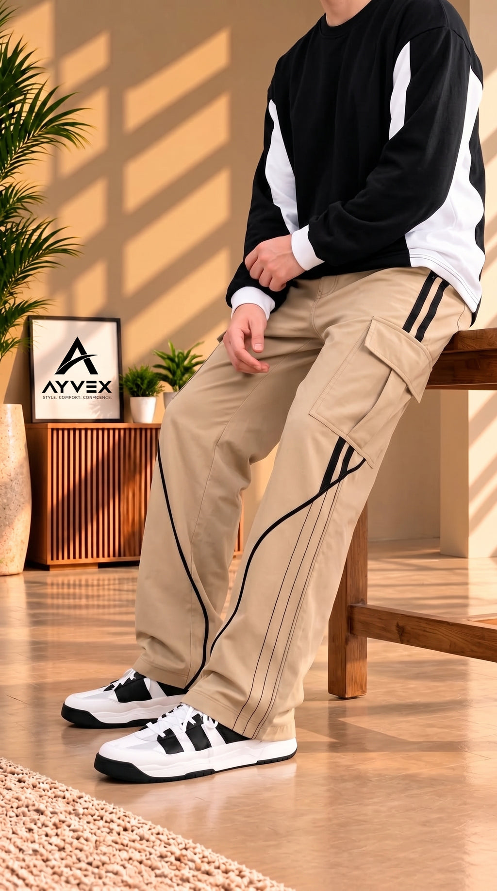 Ayvex Premium Beige Stylish 3 Stripes Cargo Trouser
