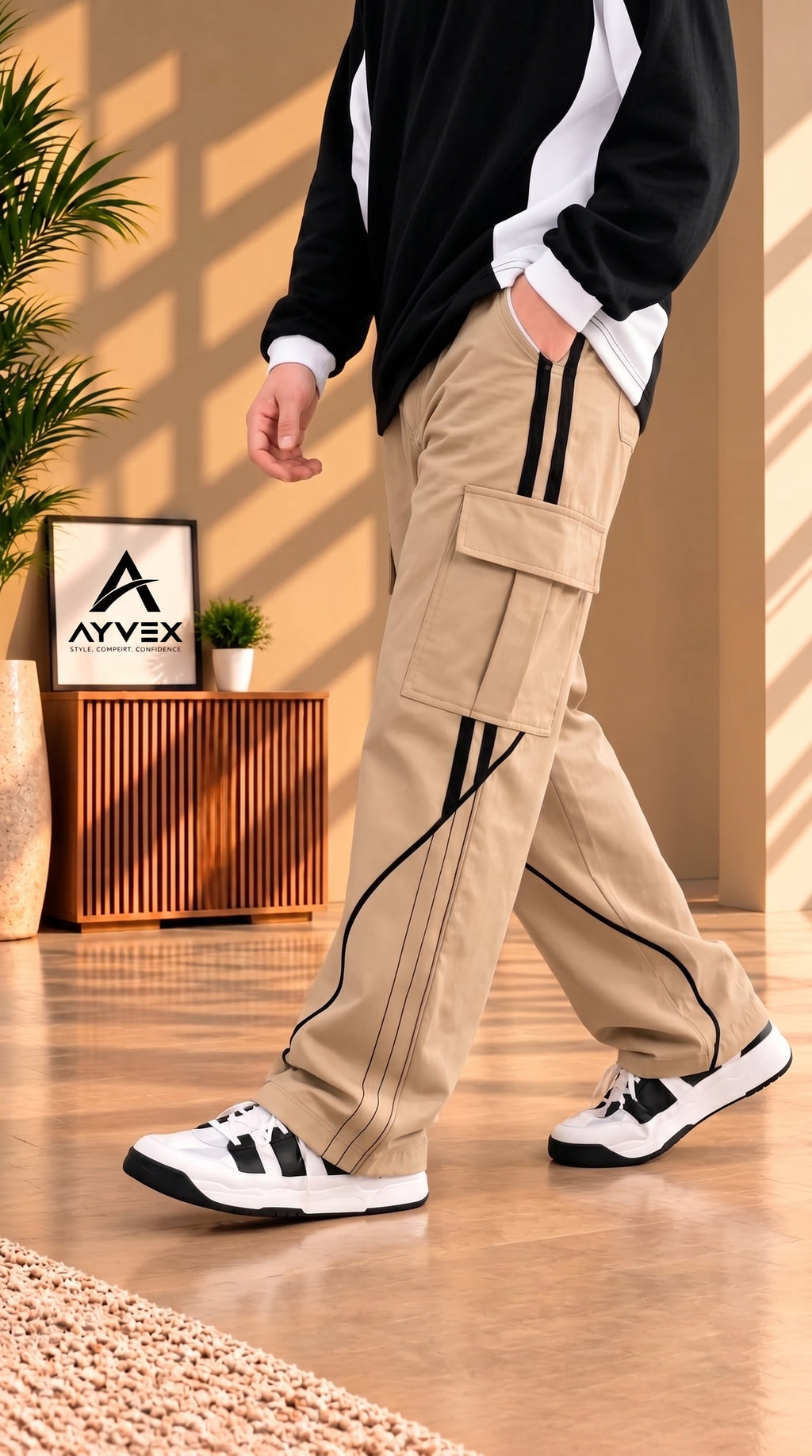 Ayvex Premium Beige Stylish 3 Stripes Cargo Trouser