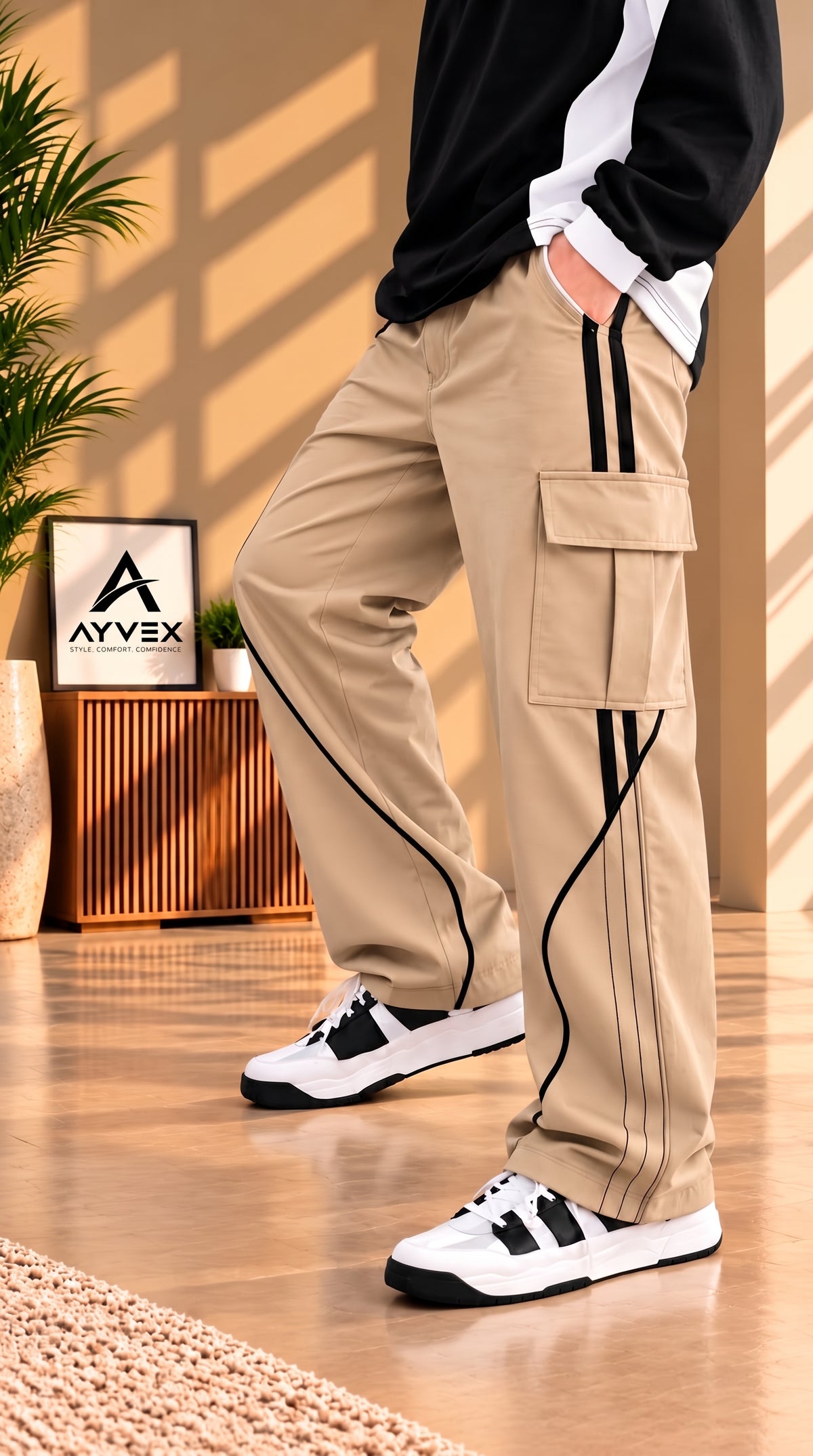 Ayvex Premium Beige Stylish 3 Stripes Cargo Trouser