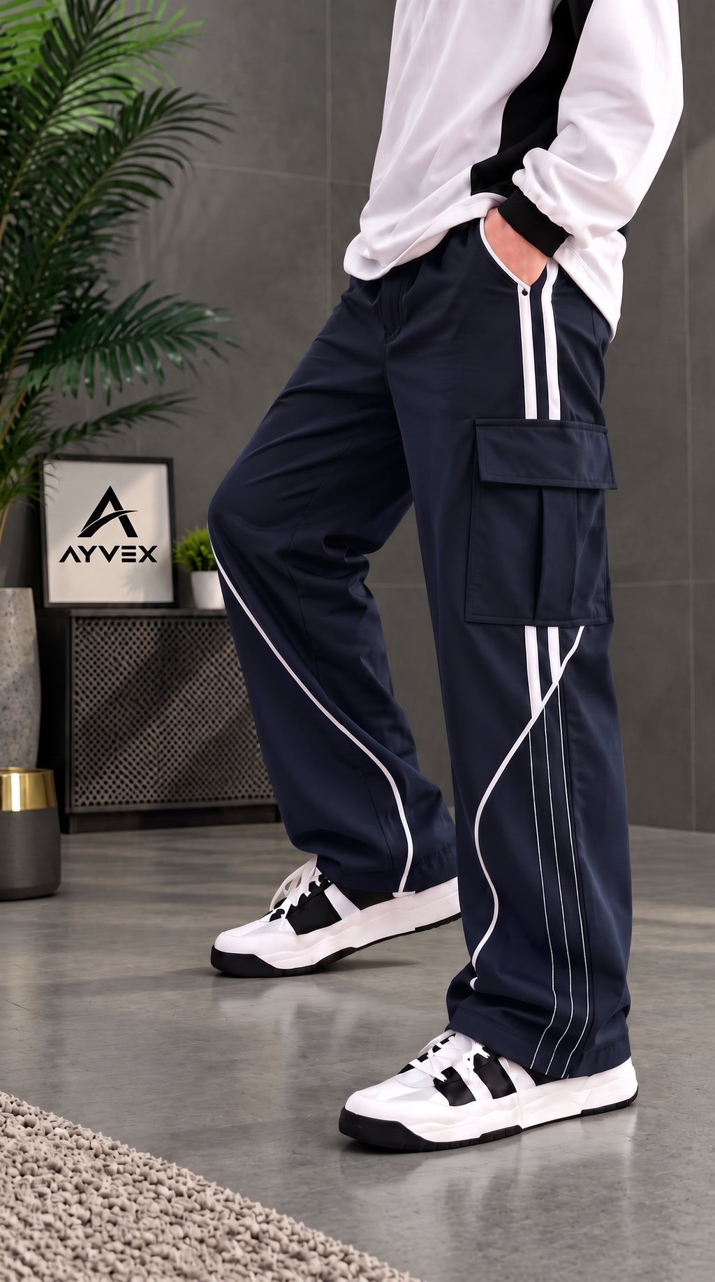 Ayvex Premium Navy Blue  Stylish 3 Stripes Cargo Trouser