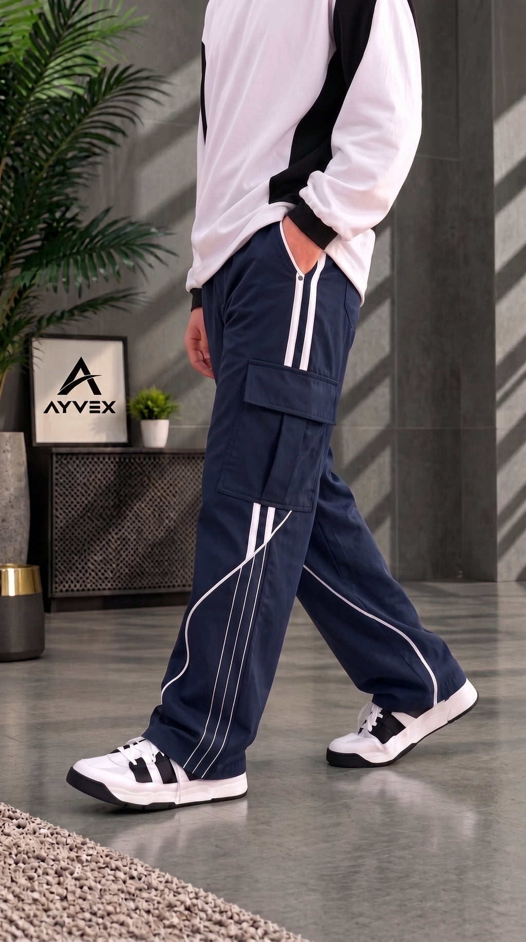 Ayvex Premium Navy Blue  Stylish 3 Stripes Cargo Trouser