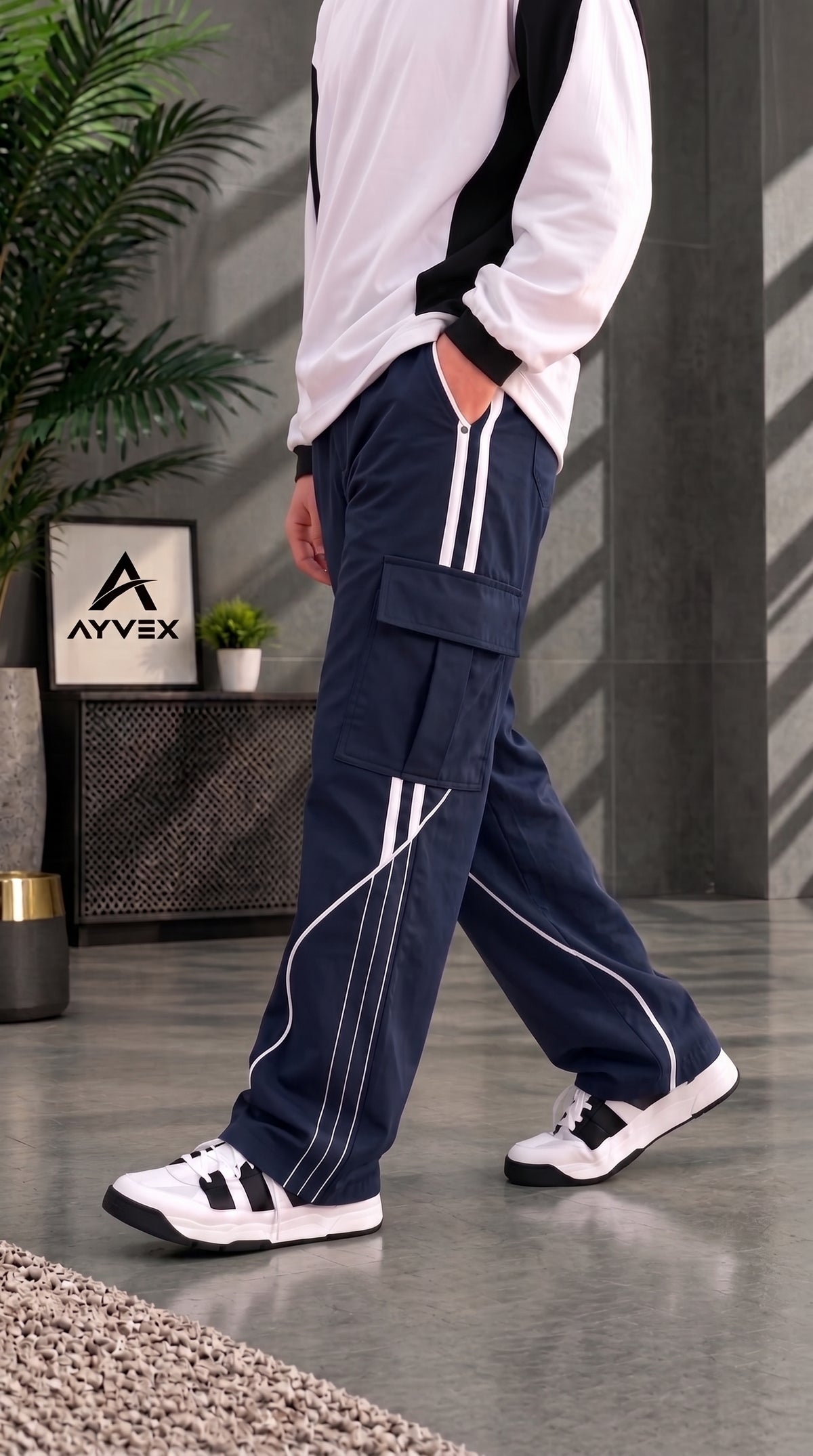 Ayvex Premium Navy Blue  Stylish 3 Stripes Cargo Trouser