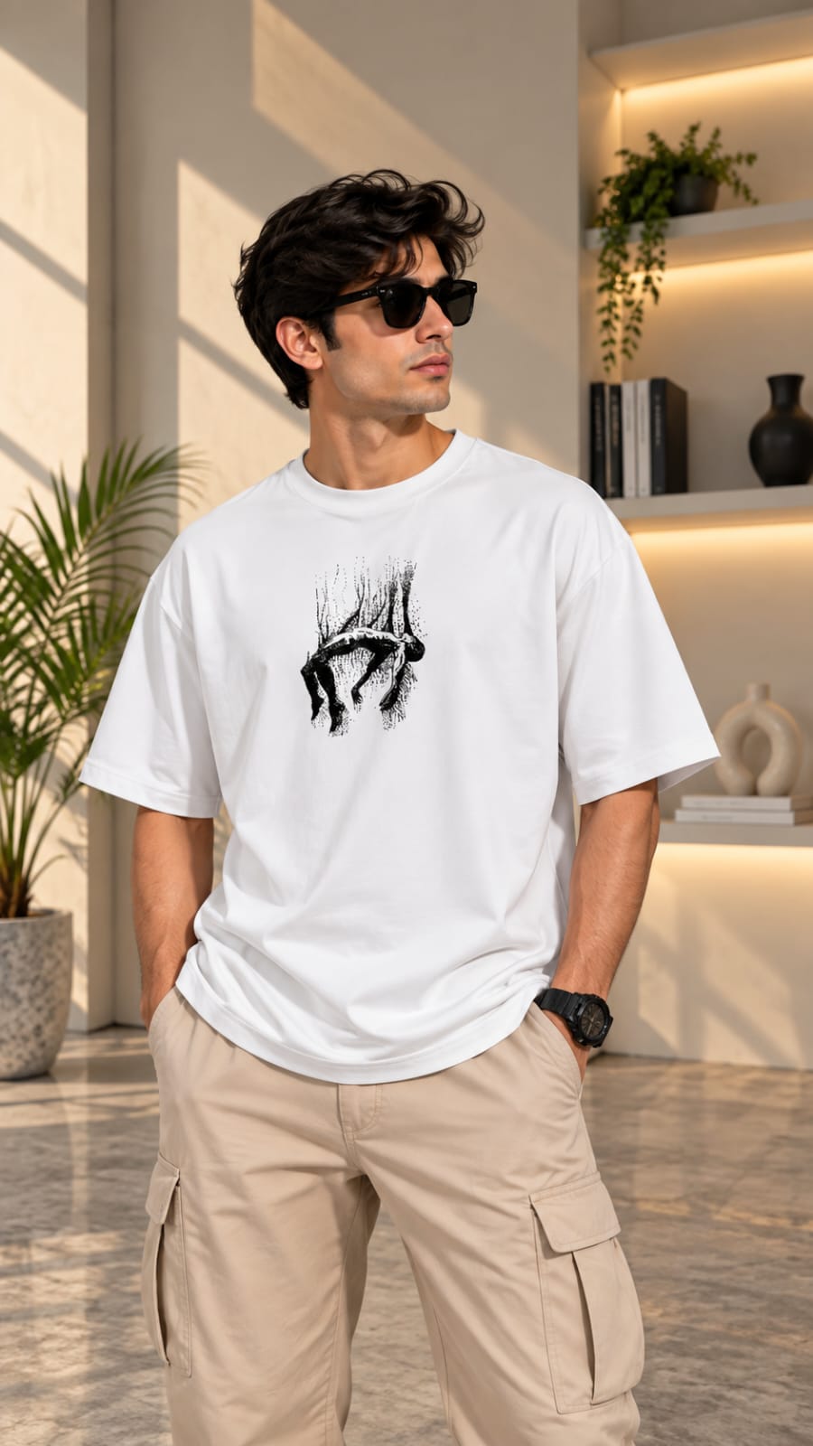 AYVEX Men's Oversized Graphic T-Shirt – Falling Figure White