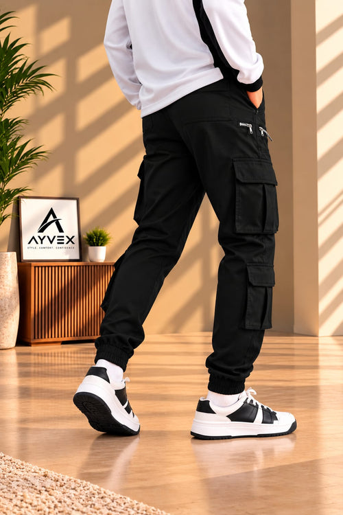 Ayvex Black 6 Pocket Multi Cargo Trouser